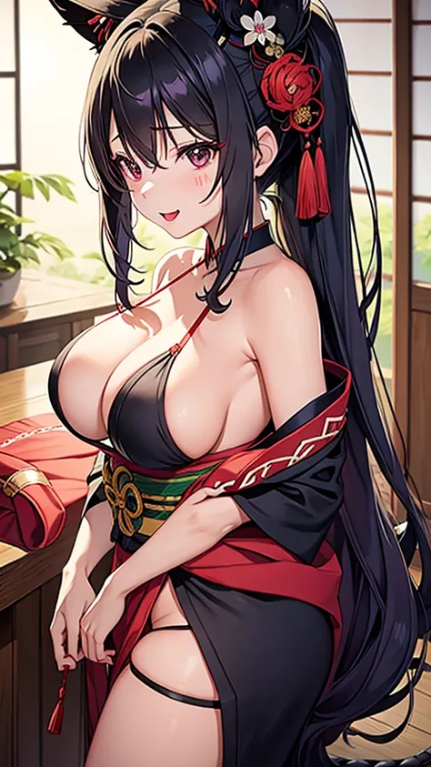 anime (mato seihei no slave), female young , sexy (very big tits), actress (Shikoku), long purple hair that consists of snake tips, slitted eyes, sharp canines, and a black mark near the tip of her tongue, she is seen dressed in a traditional Japanese kimo...