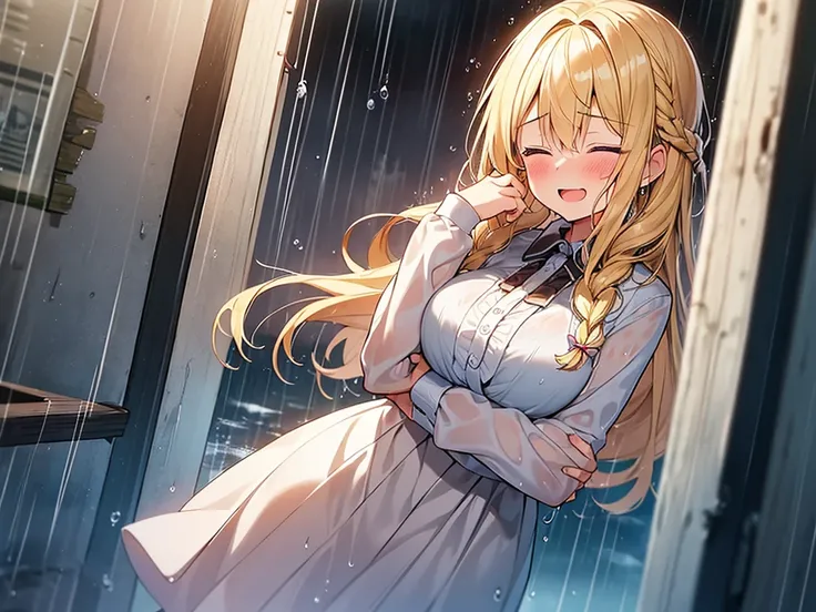 Masterpiece, Top quality, (1 beautiful girl), junior high school student, Blonde, Braided hair, Medium Hair, wet Hair, standard weight, blouse, (wet), laugh with an open mouth, blush, closed eyes, spining around, spread her arms out to the side, rainy, bea...