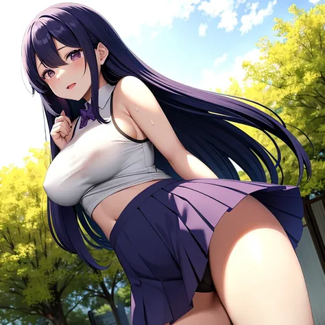 A rainbow in the blue sky,Masochist attribute,Fukuhara Ai Image,Purple long hair,Large Breasts,Wear a skirt,Sweat,training