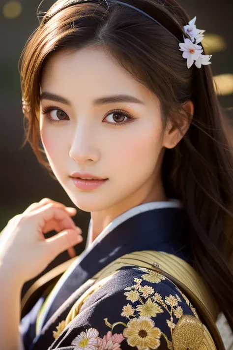 highest quality，High resolution，masterpiece：1.3），Tall and beautiful woman，frontage，Dark Brown Hair，kimono,　Huang Hachijō,　kimono，The background is Mount Fuji，Beautifully expresses the fine details of the face and skin texture，Attractive eyes，double eyelid,...