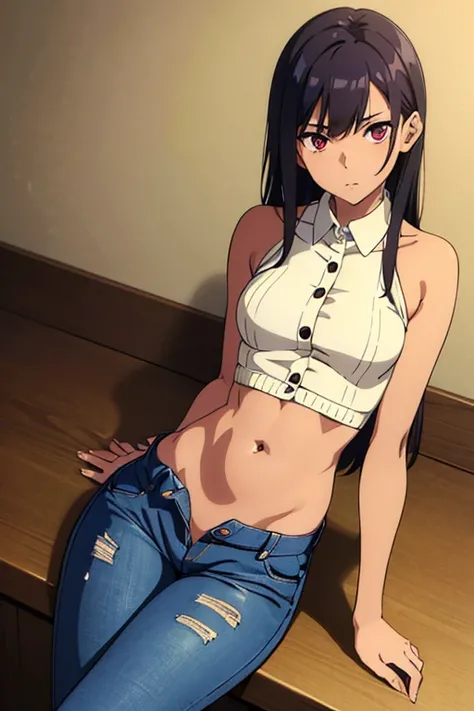 ((masterpiece)), (detailed), dark-tanned skin anime woman wearing a button-up Collar Knitted Top, (bare shoulders), (bare arms), (jeans), (long hair), starving, (resting hands on the stomach), (hands on the stomach)