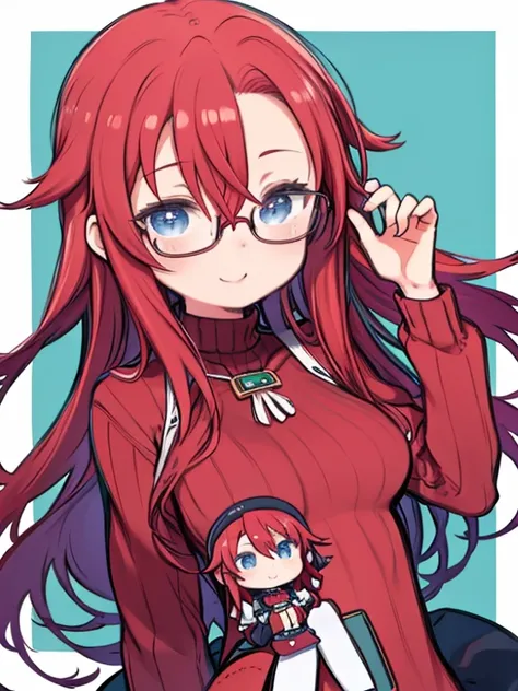 masterpiece、highest quality、High resolution、Very detailed、((Flat Color))、((Colorful art))、Chibi Character、Girl、cute、Nendoroid、Smiling、(aty, long hair, blue eyes, red hair,　Hair between the eyes、Big Breasts)、Glasses、Red sweater、Turtleneck sweater、