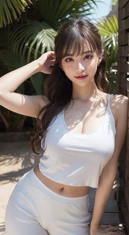 An innocent 20-year-old girl、((White oversized tank top, Dramatic Pose)),smile,shortcut,natural Park、RAW Photos, (8k、highest quality、masterpiece:1.2)、(Intricate details:1.4)、(Photorealistic:1.4)、Octane Rendering、Complex 3D rendering with ultra-detail, Stud...