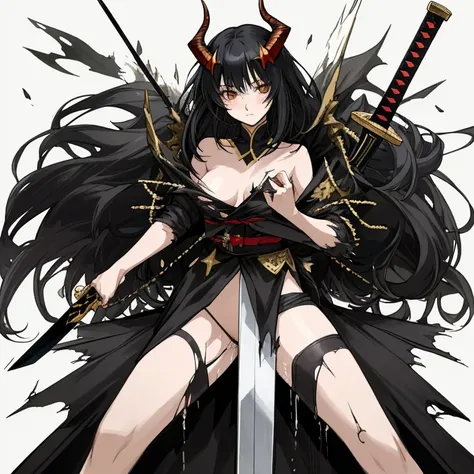 anime - style image of a woman dressed in a costume with horns and a sword,Military commander,restrained,pussy juice,torn clothes,skindantation,Black Hair,show off no panties,topless,skindantation