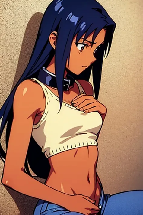 ((masterpiece)), (detailed), dark-tanned skin anime woman wearing a Turn Down Collar Sleeveless Knitted Top, (bare shoulders), (bare arms), (jeans), (long hair), starving, (resting hands on the stomach), (hands on the stomach), (slim body)