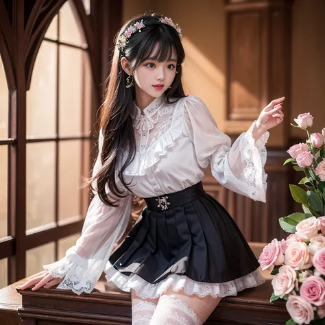 best quality, masterpiece, lifelike, 1 girl, solitary, eternity, Black Hair, Long curly hair, Bangs, laugh out loud, layered lace skirt,  Puff sleeves, Wide sleeves, Transparent sleeves,  flower, Detailed background,  Delicate face，pink blush，White，Knee so...