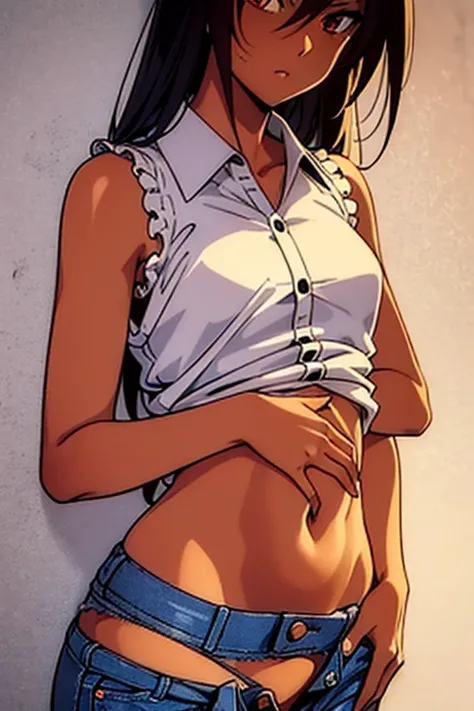 ((masterpiece)), (detailed), dark-tanned skin anime woman wearing a button-up Collar Sleeveless Knitted shirt, (bare shoulders), (bare arms), (jeans), (long hair), starving, (resting hands on the stomach), (hands on the stomach), (slim body)