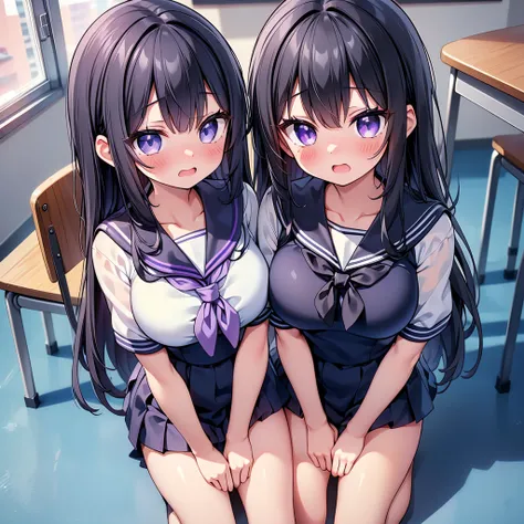 (cute eyes:1.2), (sparkling eyes:1.2), (8K、Best image quality、highest quality、masterpiece)、Detailed face、(2 girls)、Improve、(Black Hair, Purple Eyes, long hair)、(open mouth), (embarrassed), (midium breasts), (Sailor suit:1.2), all fours a chair, Classroom B...