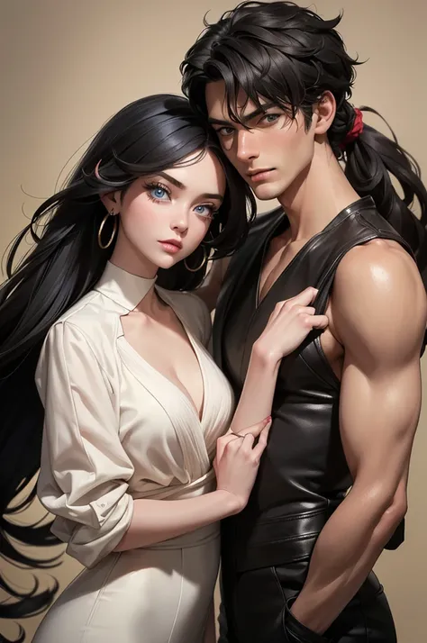 a couple, 1 male (a tall, handsome young man with black hair, blue eyes, long black hair gathered in a tight ponytail at the bac...