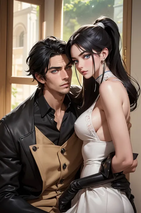 A couple, 1 male (A tall, handsome young man with black hair, blue eyes, long black hair gathered in a tight ponytail at the back of his head) hugs a very beautiful young femme fatale 1 female (blonde with very short wheat-colored hair). Theyre in love. Ma...