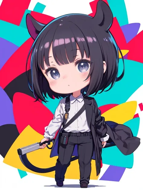 masterpiece、highest quality、High resolution、Very detailed、((Flat Color))、((Colorful art))、Chibi Character、Girl、cute、Nendoroid、Black Hair、Short Hair、White shirt、Brown big coat、Black trousers、holster、