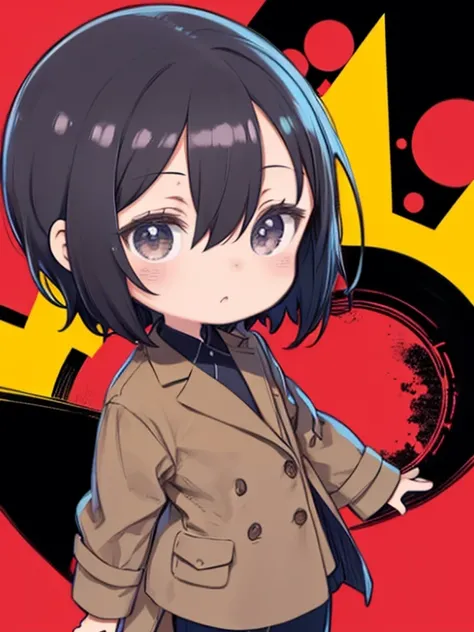 masterpiece、highest quality、High resolution、Very detailed、((Flat Color))、((Colorful art))、Chibi Character、Girl、cute、Nendoroid、Black Hair、Very Short Hair、Hair between the eyes、White shirt、(Brown big coat)、Black trousers、holster、