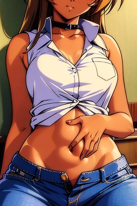 ((masterpiece)), (detailed), anime tan woman wearing a v-neck button-up Collar shirt, (bare shoulders), (bare arms), (jeans), (long hair), starving, (resting hands on the stomach), (hands on the stomach)