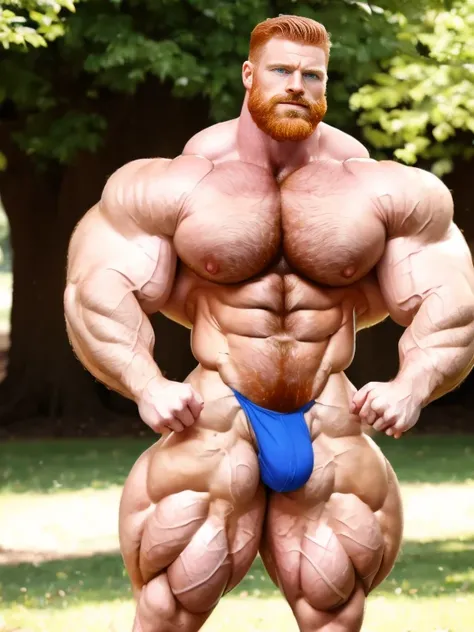 realistic, Big muscular man with blue eyes and extremely defined vascular muscles, perfect six pack, (muscular:1.7), (defined muscles:1.7), sunny day, park, handsome, masculine, (ginger:1.3), extraordinary attractive matured European man with a beard, rugg...