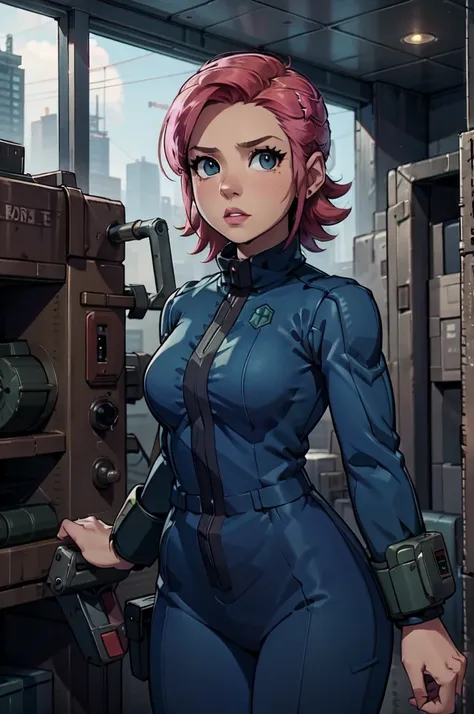 mayl sakurai reimagined as a vault dweller, doing maintenance in an underground vault. her vibrant pink hair stands out against ...