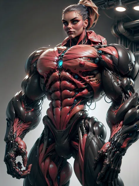 (1 girl), (cara delevingne), (muscular android girl wearing a black anatomic cybernetic muscle suit:1.25), (wide shoulders:1.25), (muscular defined physique:1.25), perfect hands, long hair, large breasts, high resolution image, extreme detail, blank backgr...