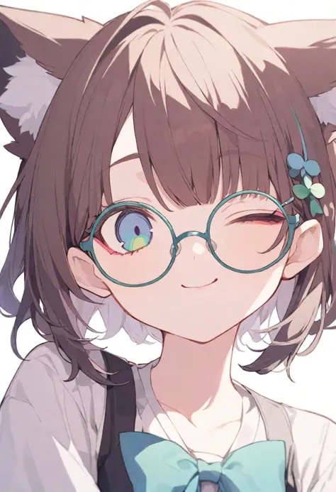 Yellow Hair、Pink and brown hair、Even bangs、Wolf Cut、Short Hair、Unique hairstyle、病みcute、(((Odd Eye、heterochromatic eyes、Left eye is green、Right eye is blue)))、Black round glasses、Fox ears、cute、1 personの女の子、1 personだけ、1 person、Upper body only、White backgroun...