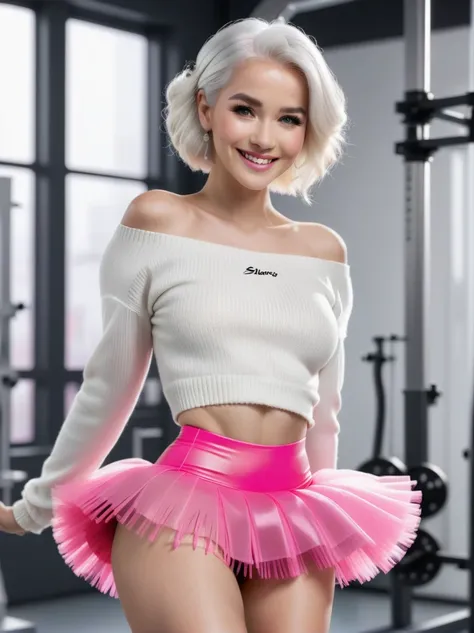 breathtaking beautiful woman wearing a highlighter pink (tutu skirt), coy smile, looking at viewer,
(white hair Fringe),
off-the-shoulder sweater,
tilt shot,
(science laboratory),
lifting one leg in a playful manner,
anxious, . award-winning, professional,...