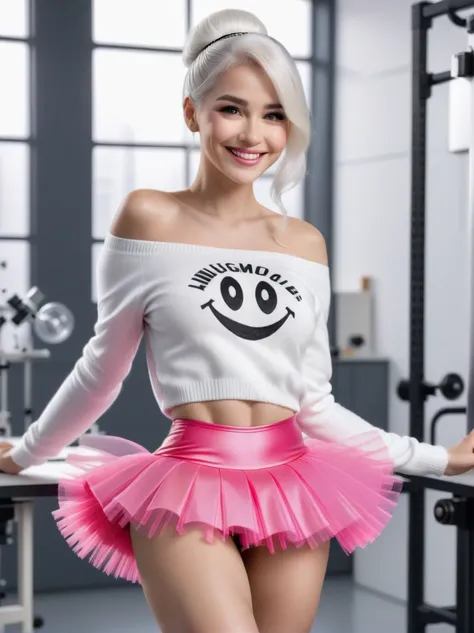 breathtaking beautiful woman wearing a highlighter pink (tutu skirt), coy smile, looking at viewer,
(white hair Fringe),
off-the-shoulder sweater,
tilt shot,
(science laboratory),
lifting one leg in a playful manner,
anxious, . award-winning, professional,...