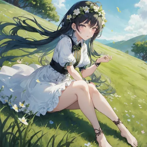 Anime girl sitting on grass with flowers in her hair, guweiz on pixiv artstation, Beautiful anime girl,  in dress, Cute anime waifu in a nice dress, artwork in the style of guweiz, guweiz on artstation pixiv, guweiz, Smooth Anime CG Art, Anime visuals of c...