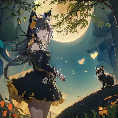 anime girl in black dress with cat and bird, anime girl with cat ears, beautiful anime catgirl, very beautiful anime cat girl, a...