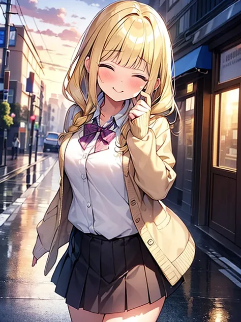 Masterpiece, Top quality, (1 beautiful girl), junior high school student, Blonde, Braided hair, Medium Hair, wavy Hair, blunt bangs, standard weight, cardigan, blouse, pleated skirt, nose blush ,Stick her tongue out, closed eyes, dynamic pose, after the ra...