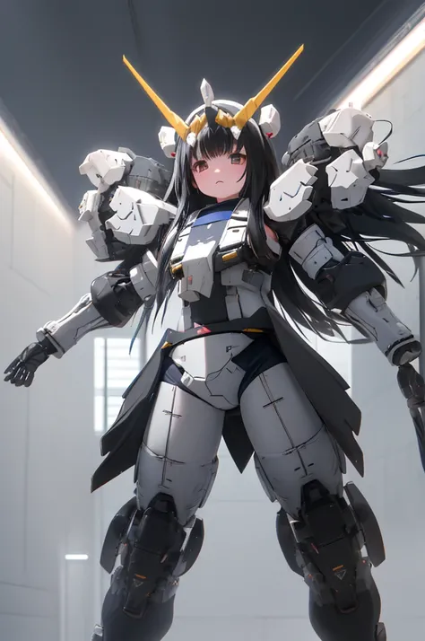 (highest quality)), ((masterpiece)), (very detailed: 1.3), 3D, {(1 young girl)}, (wear navy buruma and white gym uniform with colored hem under armor:1.2), (black hair:1.5), wears a futuristic Gundam mecha,(Heavily Armored Gundam), with headgear, with v-fi...