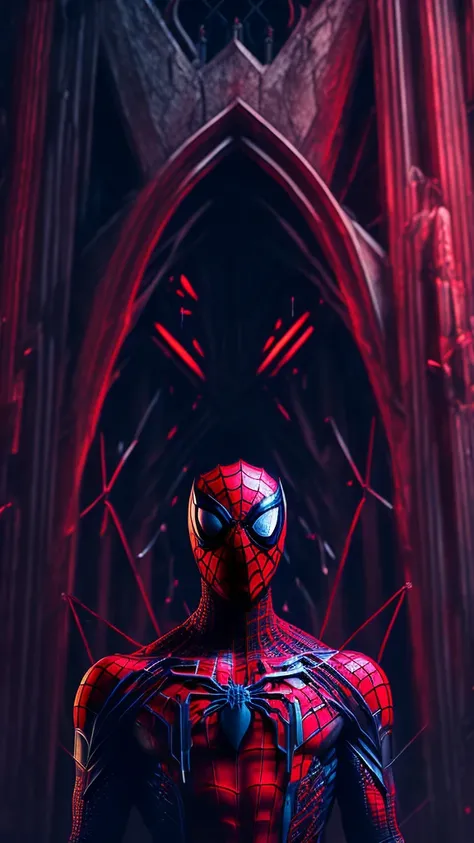 gloomy portrait of Bloody Spider-Man from Marvel with intricate angular cybernetic implants inside a brutalist building, gothic brutalist cathedral, cyberpunk, award-winning photo, bokeh, neon lights, cybernetic limb