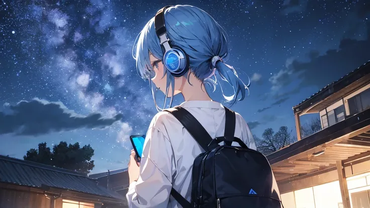 Building roof　Blue Hair、、The starry sky fills the screen.、女の子のBack view。Woman wearing headphones 4k, sad,、Bowwater&#39;Art Style、Beautiful digital illustrations、Beautiful character drawings、Stunning Anime Face Portrait Mikudayo, Official artwork, LOFI Girl...