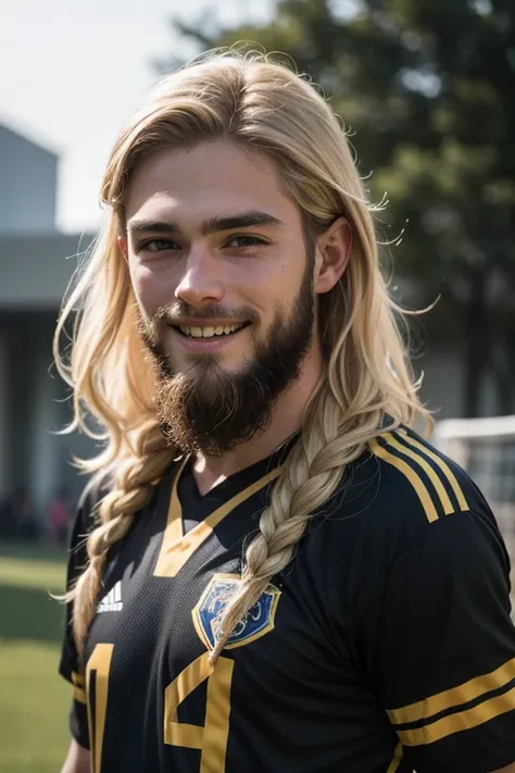 Best soccer midfielder from ecuador. 20 years old. Brutal face. Blonde straight hair . Blonde beard. Full Braided beard. White skin. Smiling. Dramatic light, male, black jersey, masterpiece, best quality. Viking beard