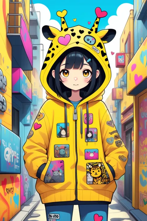 1girl, black hair,
âDesign a colorful full  illustration of a quirky individual in a giraffe hood, with a backdrop filled with playful characters and graffiti. The outfit is a bright yellow with tiger patterns and adorned with various patches, pins, and ...