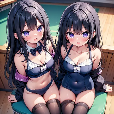 (cute eyes:1.2), (sparkling eyes:1.2), (8K、Best image quality、highest quality、masterpiece)、Detailed face、(2 girls)、Improve、(Black Hair, Purple Eyes, long hair)、(open mouth), (embarrassed), (skinny body:1.3),(small breasts), (Off shoulder school swimsuit:1....