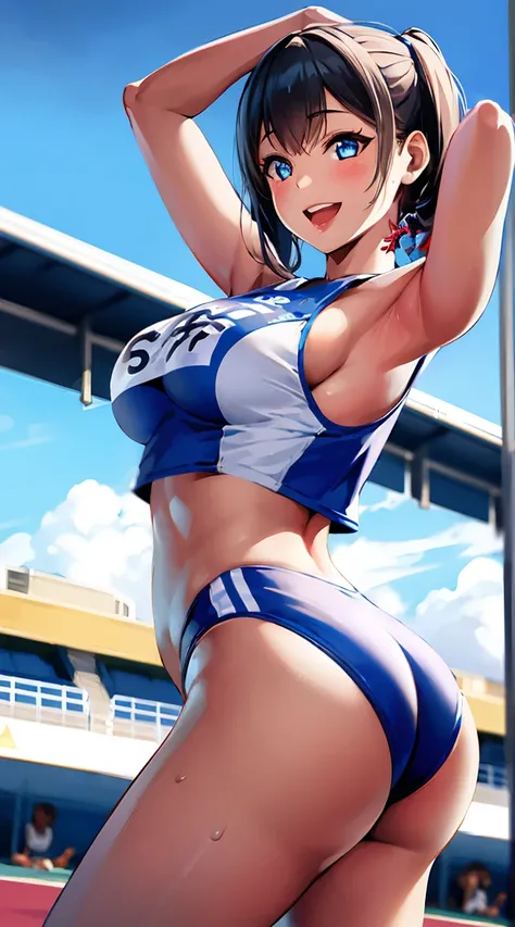 Tabletop, highest quality, One Girl, View your viewers, bangs, blue eyes, hair ornaments, Big Full Breasted, Track and field uniforms,  Put your arms behind your back+++++++ 　　stand+++　　　　　　　　A cheerful smile, Big Ass　　Rear View