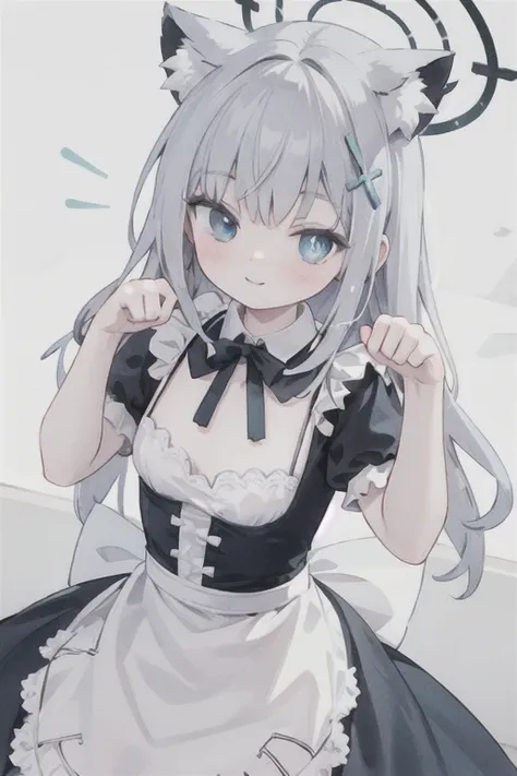 shiroko_bluearchive,beast ears,looking at viewer, little smile,pure white maid dress, maid, slim, dizzy, big-chest, wide hips, p...