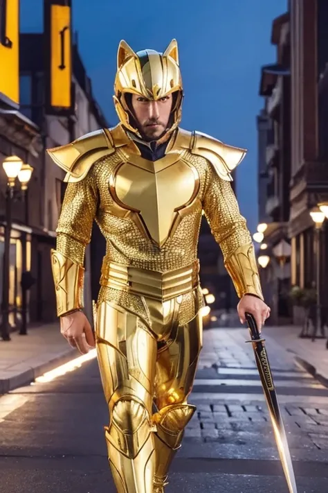 A man wearing full-body golden armor and a full-face golden cyber helmet in the shape of a wolf is holding a sword in the middle of a city at night, illuminated by the aurora.