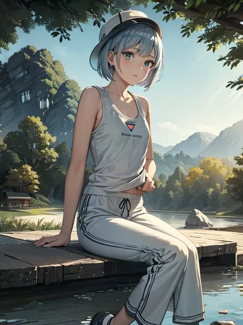 cute, masterpiece, highest quality, High resolution,,A girl sitting on the riverbank, alone,Silver Hair, Small earrings Bob cut hair, Sports Style,outside,Artistic,An illustration,Pants Style,Line art,Aqua Eye,morning,Best lighting,sun,Girl in sportswear,G...