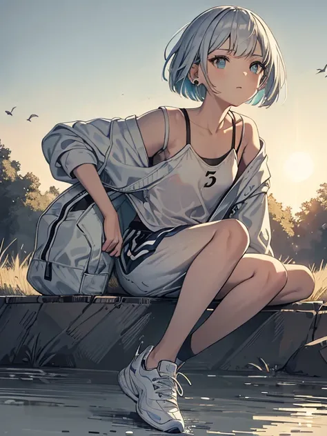 cute, masterpiece, highest quality, high resolution,,a girl sitting on the riverbank, alone,silver hair, small earrings bob cut ...