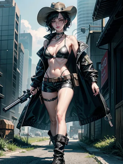 whole body, Cyberpunk Western gunman girl, Western hat and cyberpunk gunman attire, she holds a revolver pistol with a very long barrel, boots with spur, standing on wasteland, absurdres, RAW photo, extremely delicate and beautiful, masterpiece, Best Quali...