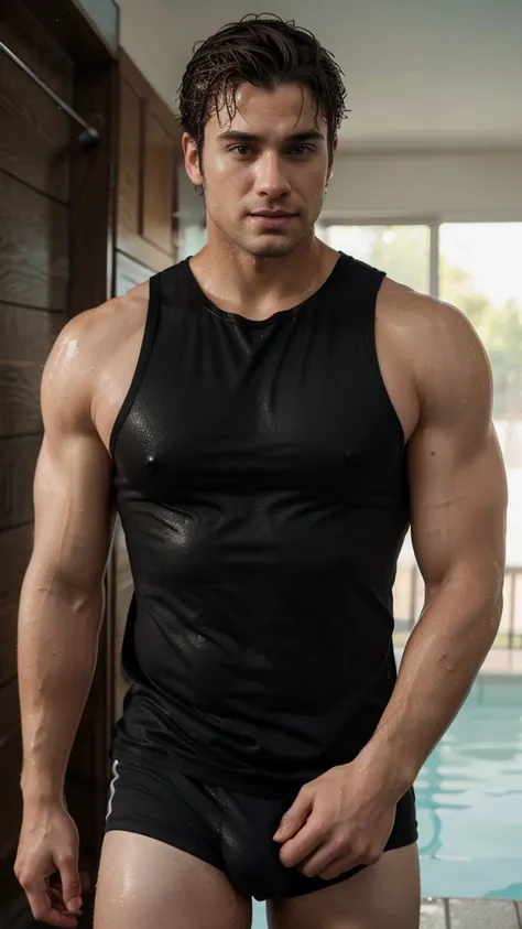 a handsome 28-year old hunk wearing a black sleeveless shirt, dripping wet from exercise, and wearing only underwear.