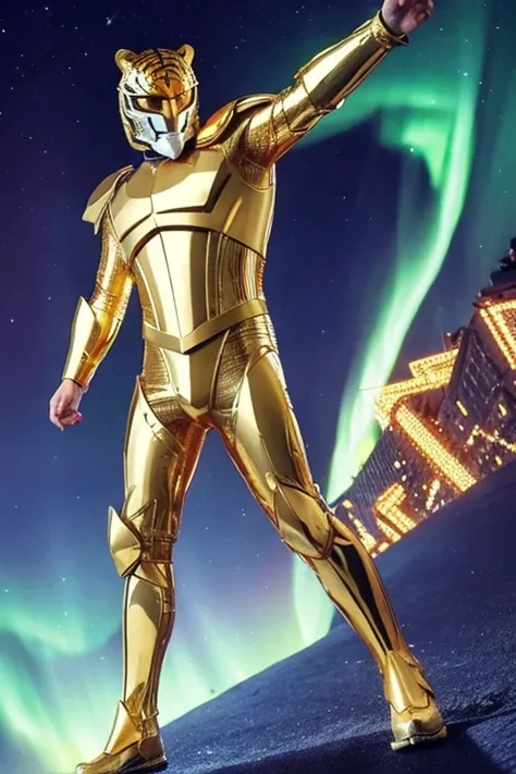 A man wearing full-body golden armor and a full-face golden cyber helmet resembling a tiger mask is holding a sword in the middle of a city illuminated by the aurora borealis at night.