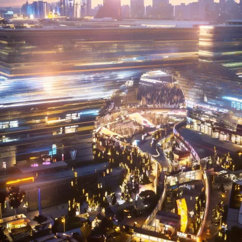 Alafid view of a city with many people walking around, Full of energy and vitality, Hangzhou, Full view, by Zha Shibiao, Wide-angle lens, Wide-angle lens, Seoul, golden hour in Beijing, Post-processing, Beijing, Awesome Award Winning, 2030, dynamic view, W...