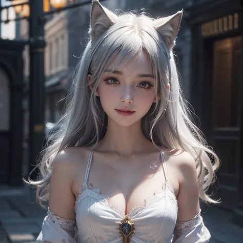 Dark ambiance,old European townde in the background、white wolf、 ((highest quality、masterpiece、8k、best image quality、ultra high resolution、Award-winning work)、(accurate anatomy:1.1)、(look at me and smile:1.1)、Shining fair skin with ultra high resolution、mos...