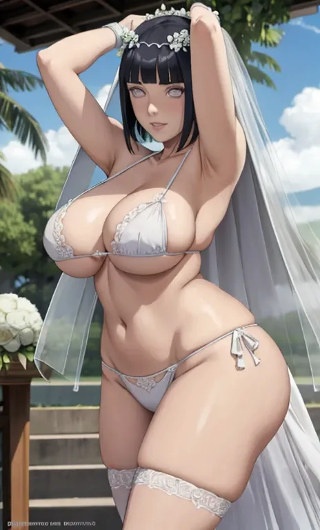 standing, solo, hinata(boruto), 1girl, mature female, (very tight plain white micro bikini, wedding veil, white flower wedding crown), no shirt, showing off), sideboob, large breasts, areola slip, cleavage, leaning forward, hanging breasts, curvy, standing...