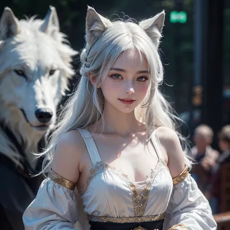 Dark ambiance,old European townde in the background、white wolf、 ((highest quality、masterpiece、8k、best image quality、ultra high resolution、Award-winning work)、(accurate anatomy:1.1)、(look at me and smile:1.1)、Shining fair skin with ultra high resolution、mos...