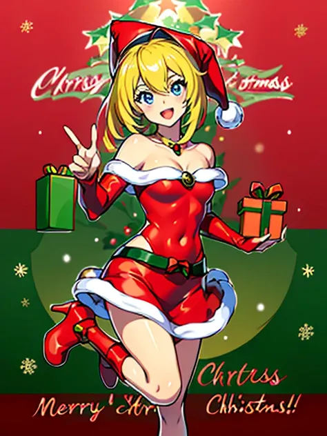 Dark magician Gilles in a red dress,((See through)), Very detailed, Rubio,(((Tiny mini skirt))), ((Skirt flip)),(((I can see Tanga))),smile, blue eyes, Realist, Red High Heels, (((Christmas))), Neckline, ((Christmasツリー, gift)), cabello Rubio, 魔法のChristmas....