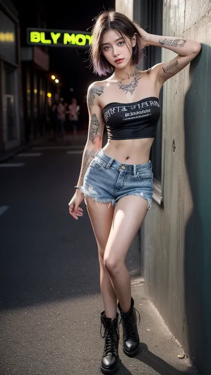 Young girl (18 years old), (perfect face), fit body (has tattoos), (style: rock), (has green eyes), (full body only..), (tired: strapless shirt, Torn jeans shorts, belly exposed), (purple, short straight hair) (medium, rounded chest) (back is a rock style ...