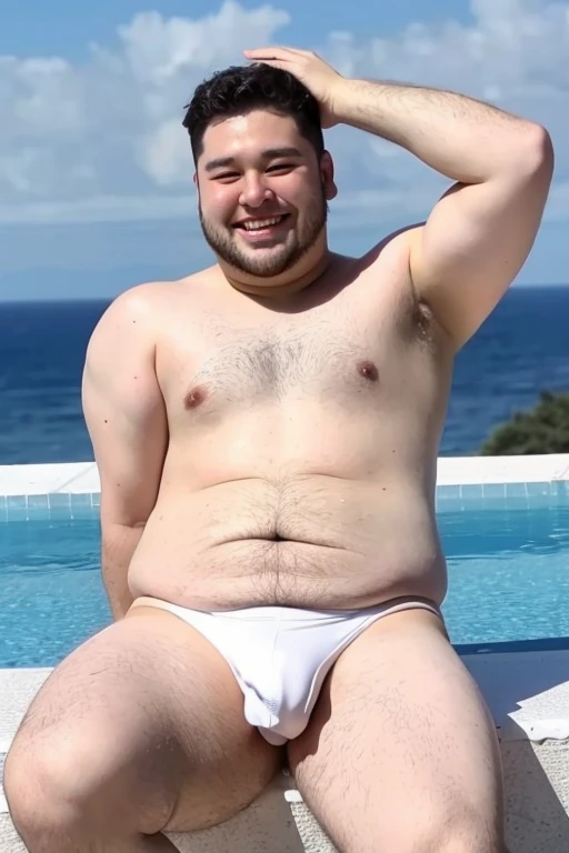 ((highest quality)), ((masterpiece)), (detailed), Perfect Face、Shaved head、Young Japanese、Fat body、Big guy、smile、No beard、Sitting and spreading your crotch、White short swimsuit、Emphasis on genitals、Emphasize the chest、Thick legs、Thick arms、Thick neck、Big b...