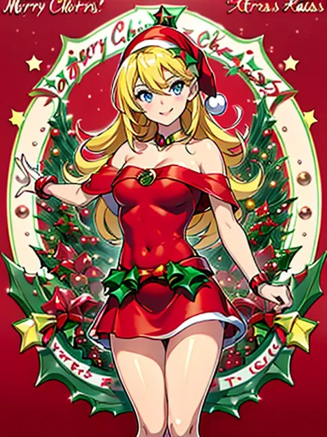 Dark magician Gilles in a red dress,((See through)), Very detailed, Rubio,(((Tiny mini skirt))), ((Skirt flip)),(((I can see Tanga))),smile, blue eyes, Realist, Red High Heels, (((Christmas))), Neckline, ((Christmasツリー, gift)), cabello Rubio, 魔法のChristmas....