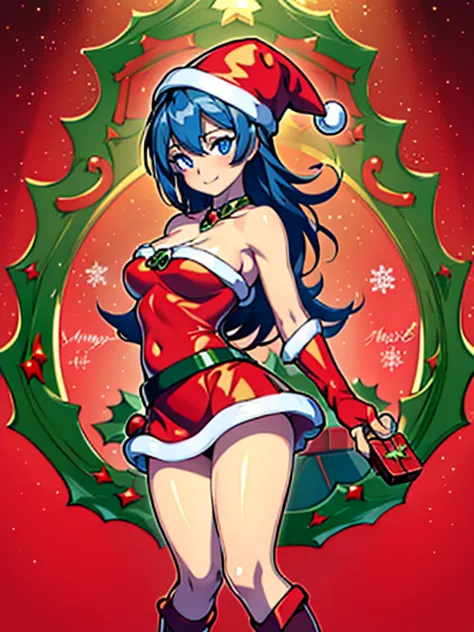 Dark magician Gilles in a red dress,((See through)), Very detailed, Rubio,(((Tiny mini skirt))), ((Skirt flip)),(((I can see Tanga))),smile, blue eyes, Realist, Red High Heels, (((Christmas))), Neckline, ((Christmasツリー, gift)), cabello Rubio, 魔法のChristmas....