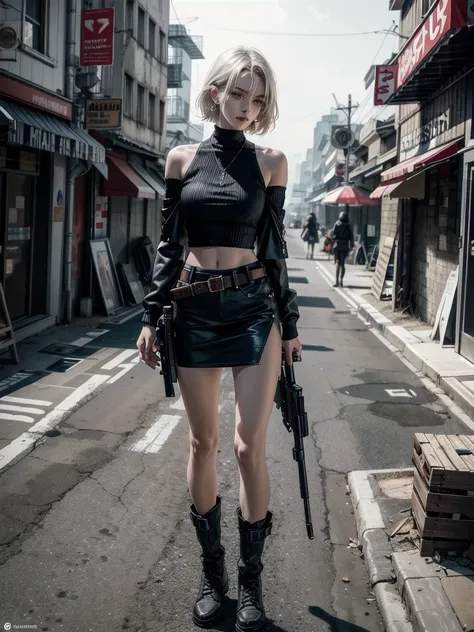 whole body, ((many weapons)), gunman attire, revolver pistol, boots, post apocalyptic city, Desolate atmosphere, absurdres, RAW photo, extremely delicate and beautiful, masterpiece, Best Quality, ultra high resolution, 32k, hyperrealistic, ultra-detailed, ...